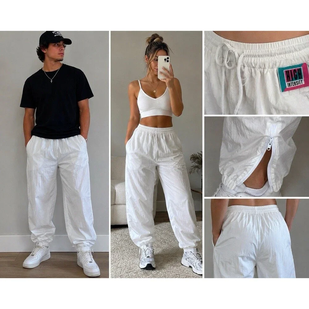 90s High Intensity White Nylon Windbreaker Track Pants Joggers L Retro Y2K